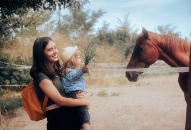 Petit enfant en bonnet de laine à hauteur d'yeux d'un poney miniature au licol rouge