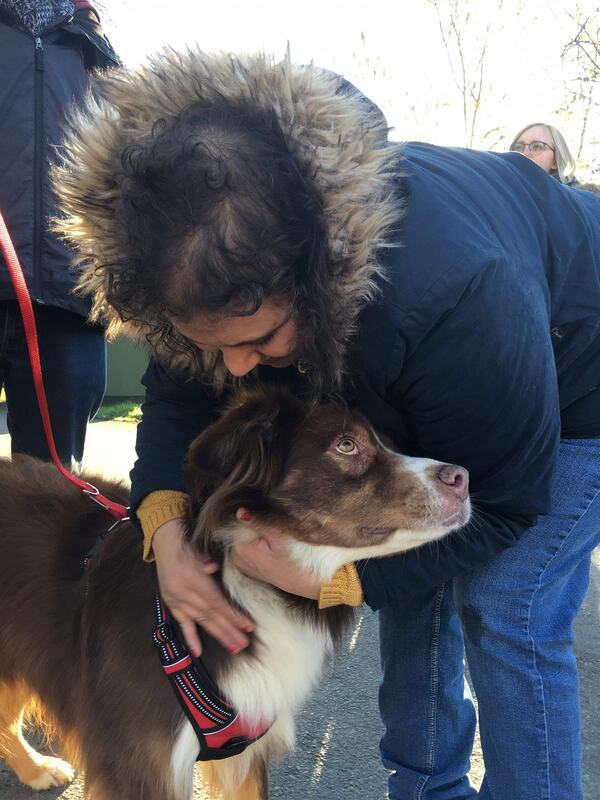 Salon : dame installée dans son canapé caresse le chien venu en visite